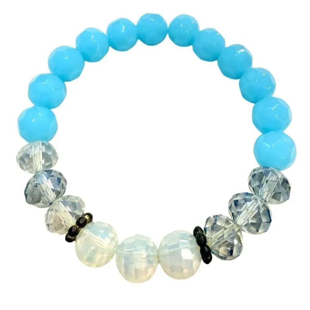 NWOT Etsy Faceted Glass Beads Stretch Blue & White Beaded Bracelet